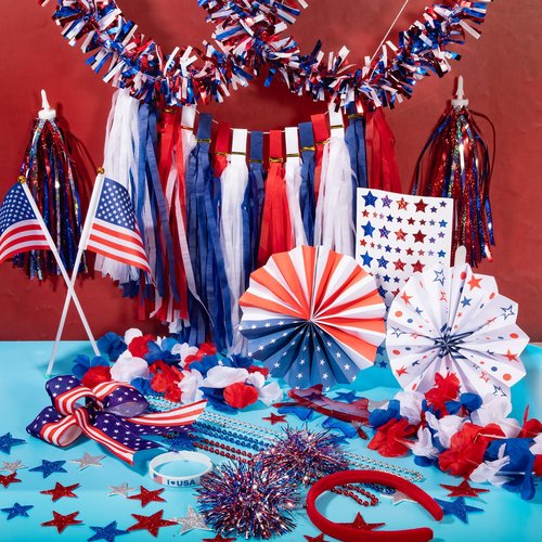 Simgoing 33 Pcs 4th of July Parade Bike Decoration Kit Patriotic Tinsel Garland Streamer Red White Blue Headband Necklace Bracelet American Flag Bow for Memorial Independence Day Bike Party Favors