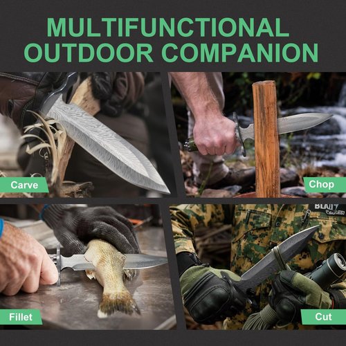 FUSIONKEI Fixed Blade Knife with Leather Sheath, Survival Camping Damascus Feather Knives D2 Steel with Green Pakkawood Handle, Full Tang Bushcraft for Outdoor Use
