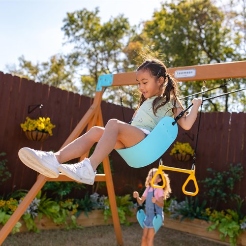 Teamson Kids Wooden Swing Sets for Backyard Outdoor Playset with Slide Rock Wall Trapeze Bar Fireman Pole Pirate Wheel Kids Playground with Swingset Holds 9 Children Ages 3 to 10