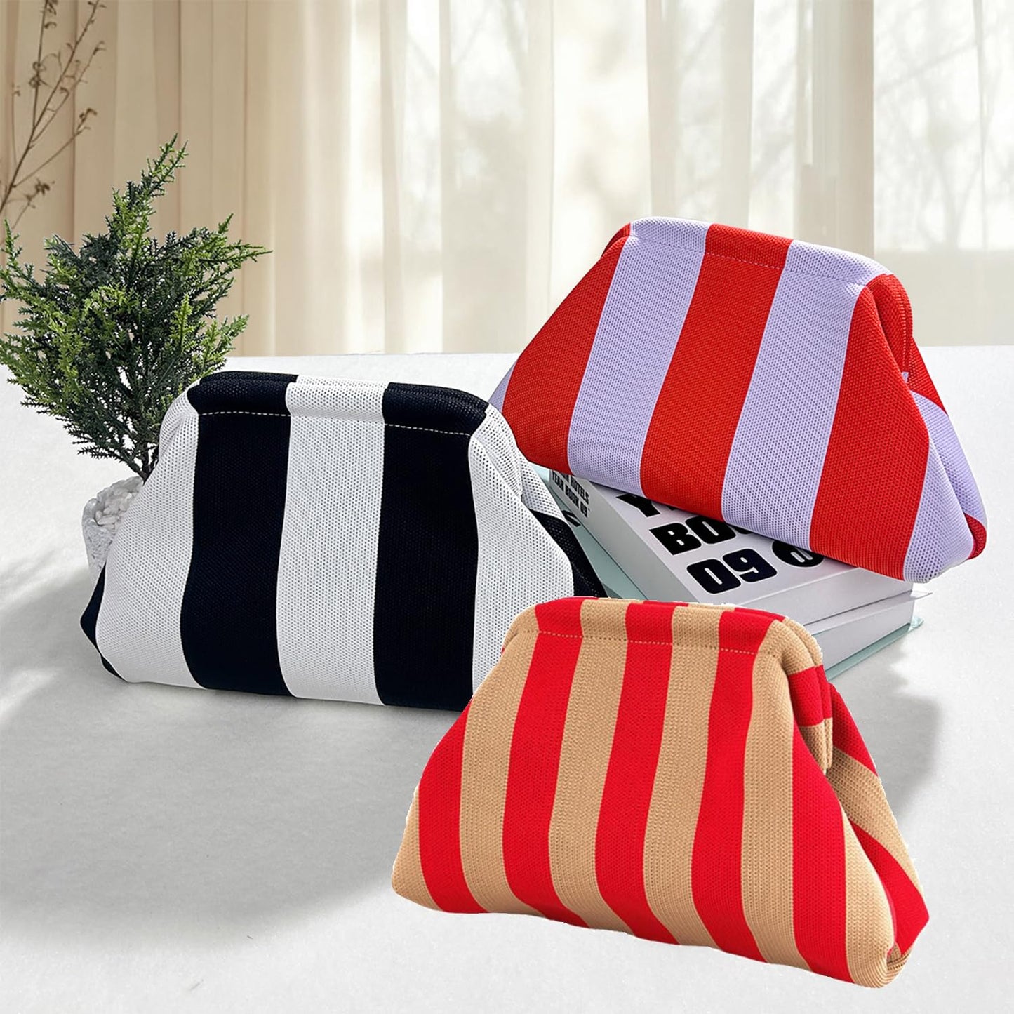 Vpoofree Woven Clutch Purses for Woman,Summer Beach Purse for Vacation, Woven Striped Dumpling Bag,Crochet Evening Handbag (Red-brown Stripe Woven Clutch Purses)