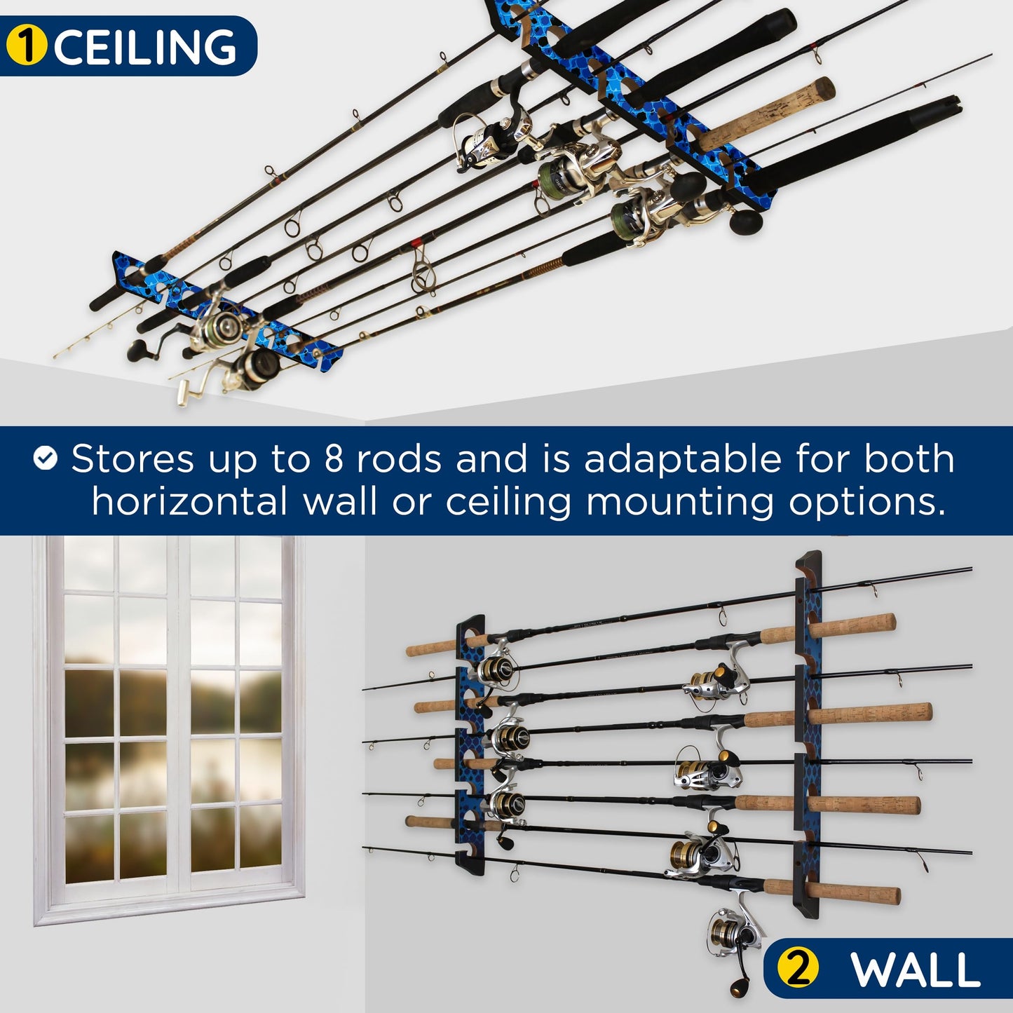 Rush Creek Creations Ceiling Fishing Rod Holder for 8 Rods, Fishing Pole Holder for Garage Organization and Wall Storage, for Fishing Reels, Fishing Gear, and Fishing Accessories Horizontal Rack