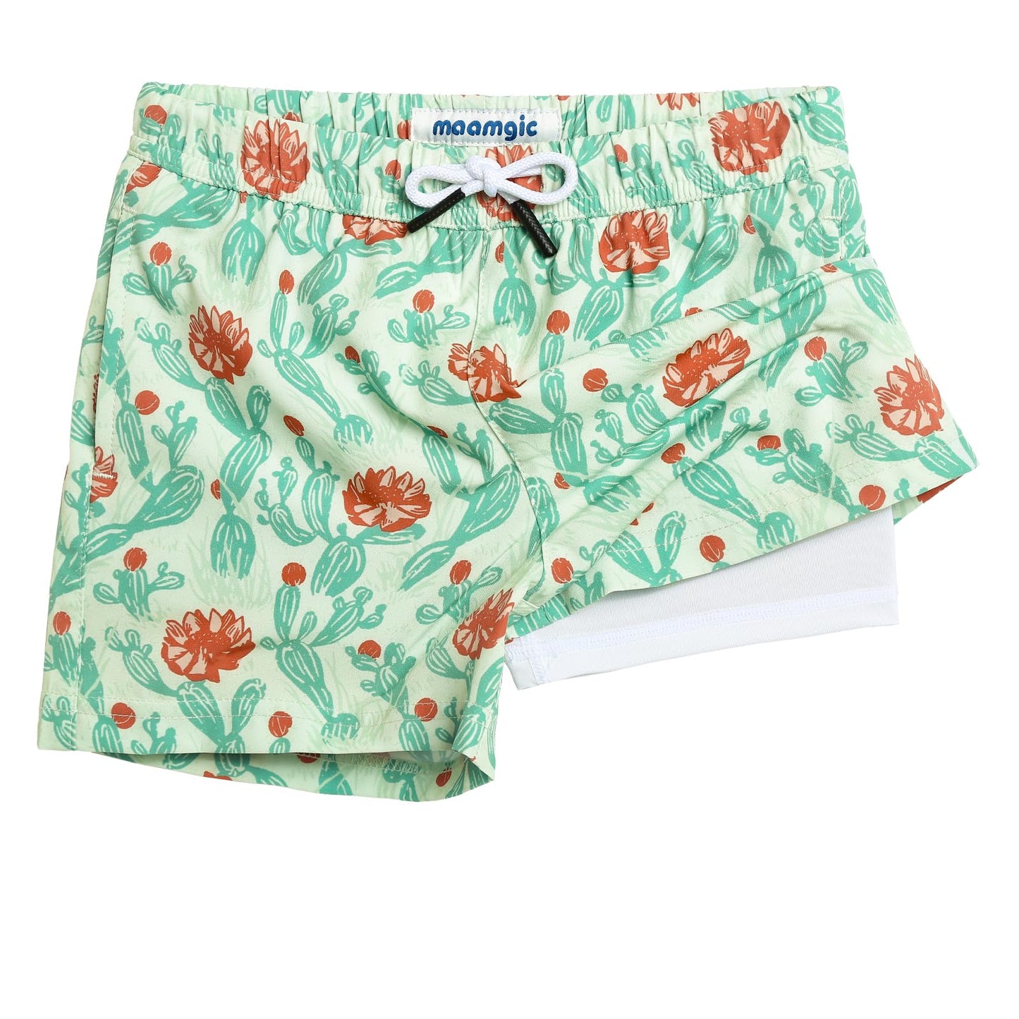 maamgic Boys Swim Trunks with Compression Liner 4-Way Stretch Quick Dry Swim Shorts Swimming Trunks Toddler Boy Cactus Flower Green 7 Years