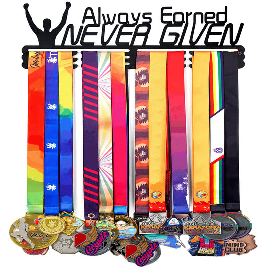 Goutoports Medal Holder Display Hanger Award Ribbin Rack for Sport Race Runner - Always Earned Never Given - Wall Mount Hold Up 60 Medal Hanger Display for Athlete Easy to Install