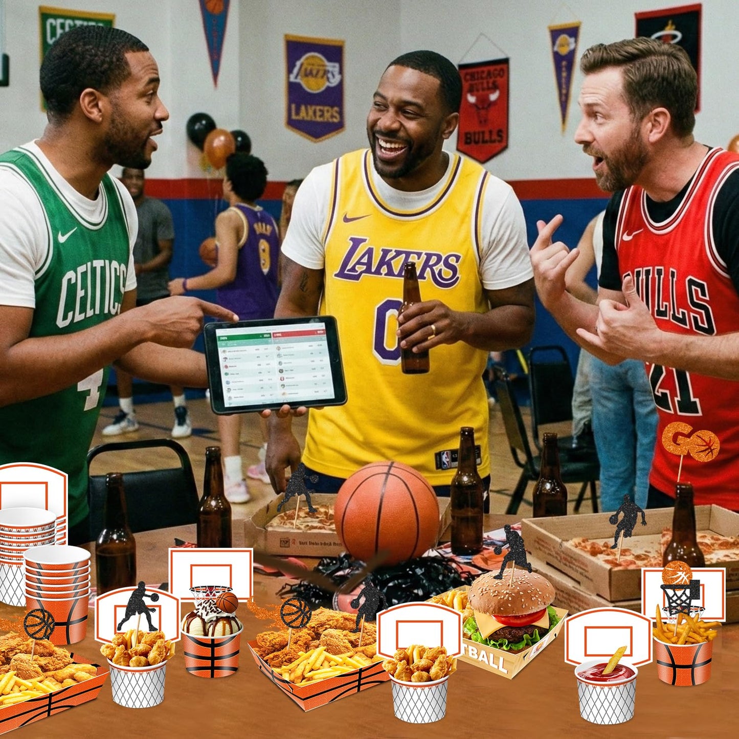 Basketball Party Snack Boxes Set, 96Pcs Basketball-Theme Party Supplies with Snack Bowls, Food Tray, Hoop Backdrop Cards and Glitter Cupcake Toppers for Basketball Birthday Party Decorations