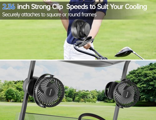 Golf Cart Rechargeable Fan Compatible with EZGO Club Car Yamaha, Golf Palyer Summer Essential 4 Powerful Speeds Clip on Fan with 360° Pivot, 13 Hrs Run Cordless Fan, Battery Operated Fan for Golf Cart