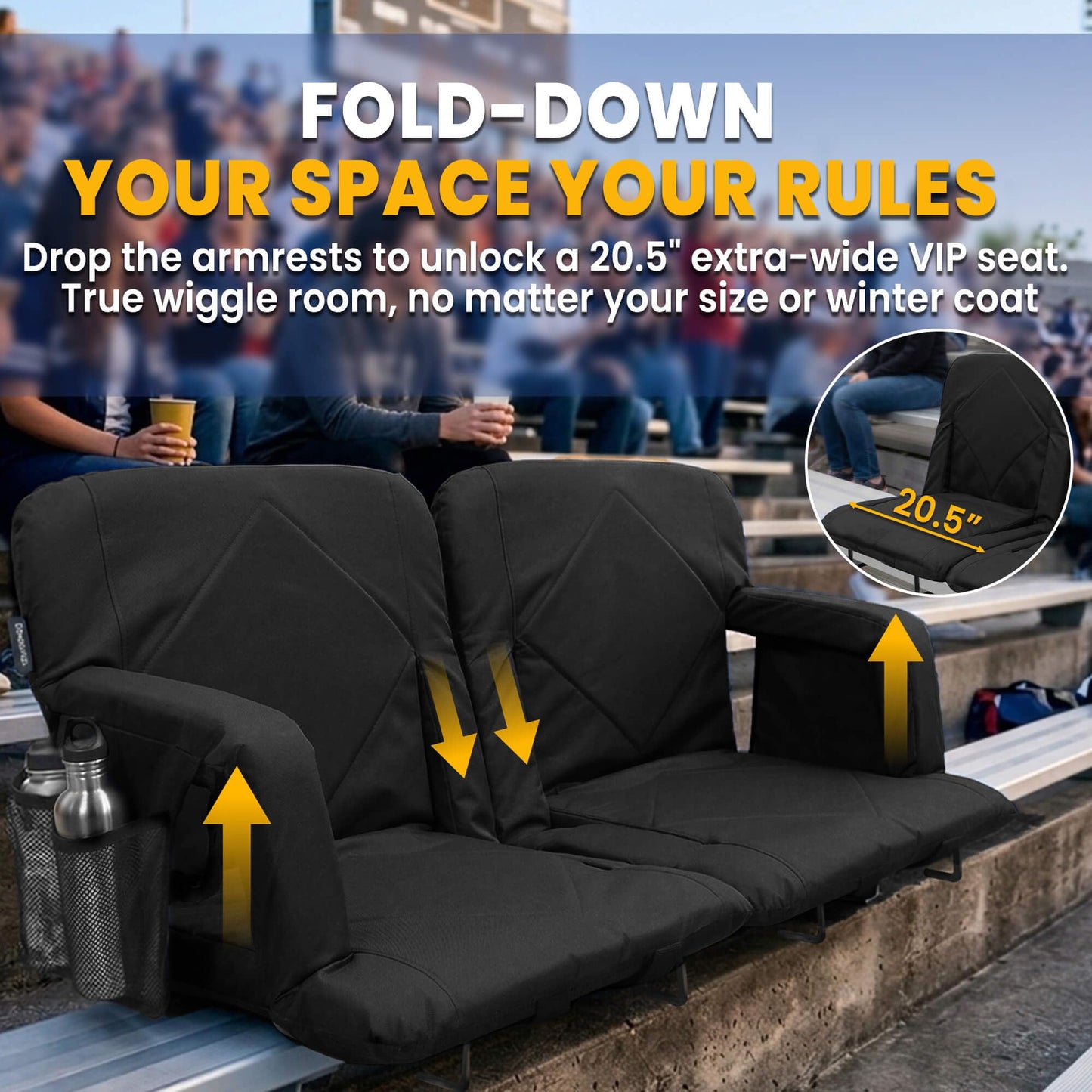 Sheenive Stadium Seat with Back Support (2 Pack) - 2.8'' Thick Comfy Cushion, Wide Padded Reclining Bleacher Seat with Armrests - Includes Backpack Strap, Carry Handle, 2 Cup Holders & 2 Large Pockets