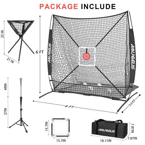 AOLIGEIJS 6'X6' Baseball Softball Practice Net,Pitching Net,Batting Net,with Baseball Tee,Bonus Strike Zone,Target and Bow Frame,for Hitting,Pitching,Catching