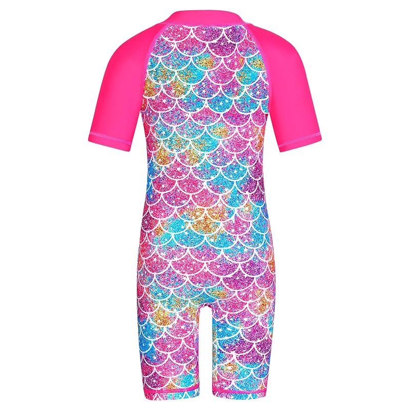 UV 50+ Short Sleeve Girls One-PPiece Swimsuit with Front Zip - Hot Pink 2-14Y