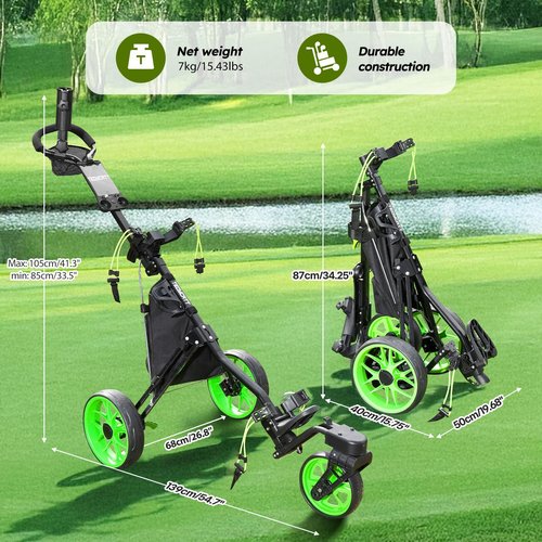 Tedycatt Swivel 3 Wheel Golf Trolley: Quick Fold 360 Push Golf Cart with Cooler Bag, Foot Brake, Drink& Umbrella Holder,Green