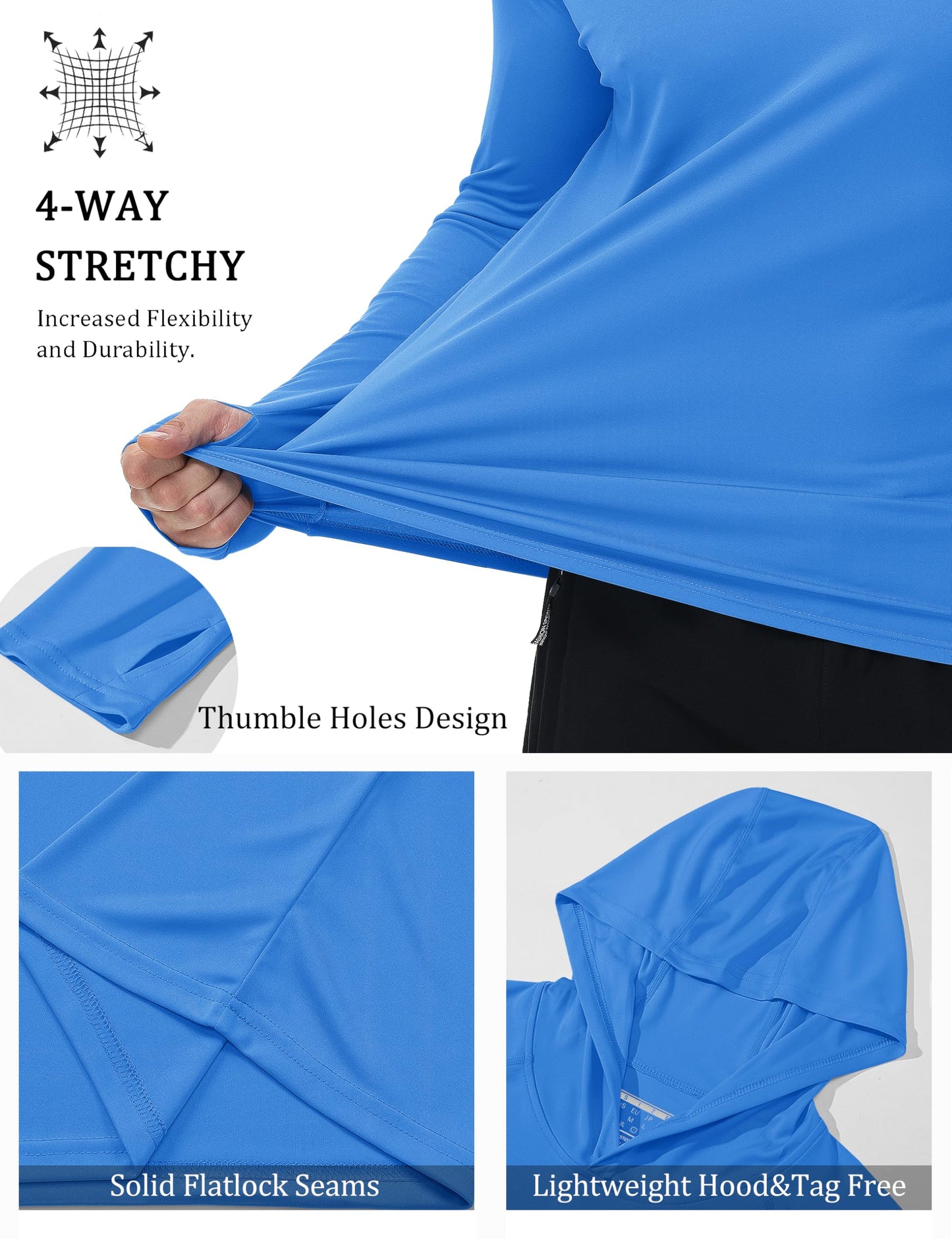 Fishing Shirts for Men Long Sleeve Sun Protection with Hood Athletic Shirts Running Shirts Workout Shirts Sun Shirts Azure