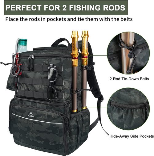 MATEIN Fishing Backpack, Water Resistant Fishing Tackle Box Bag with Rod Holders & Cooler, Gear Gifts for Men