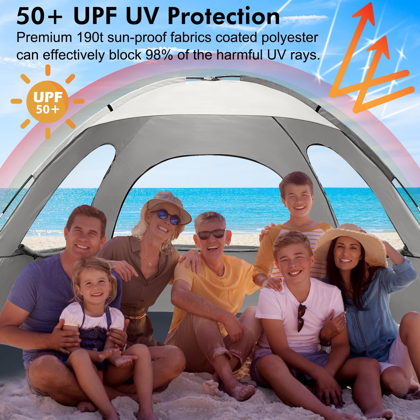 WhiteFang Beach Tent Anti-UV Portable Sun Shade Shelter for 8 Person, Extendable Floor with 3 Ventilating Mesh Windows Plus Carrying Bag, Stakes and Guy Lines (Baby's Breath)