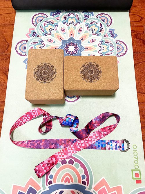 Aozora Cork Yoga Block Sustainable & Eco Friendly 2 Pack and Yoga Strap Set Made of The Finest Natural Cork for Better Support, Balance & Comfort (Mandala, 9 * 6 * 3（2pack))