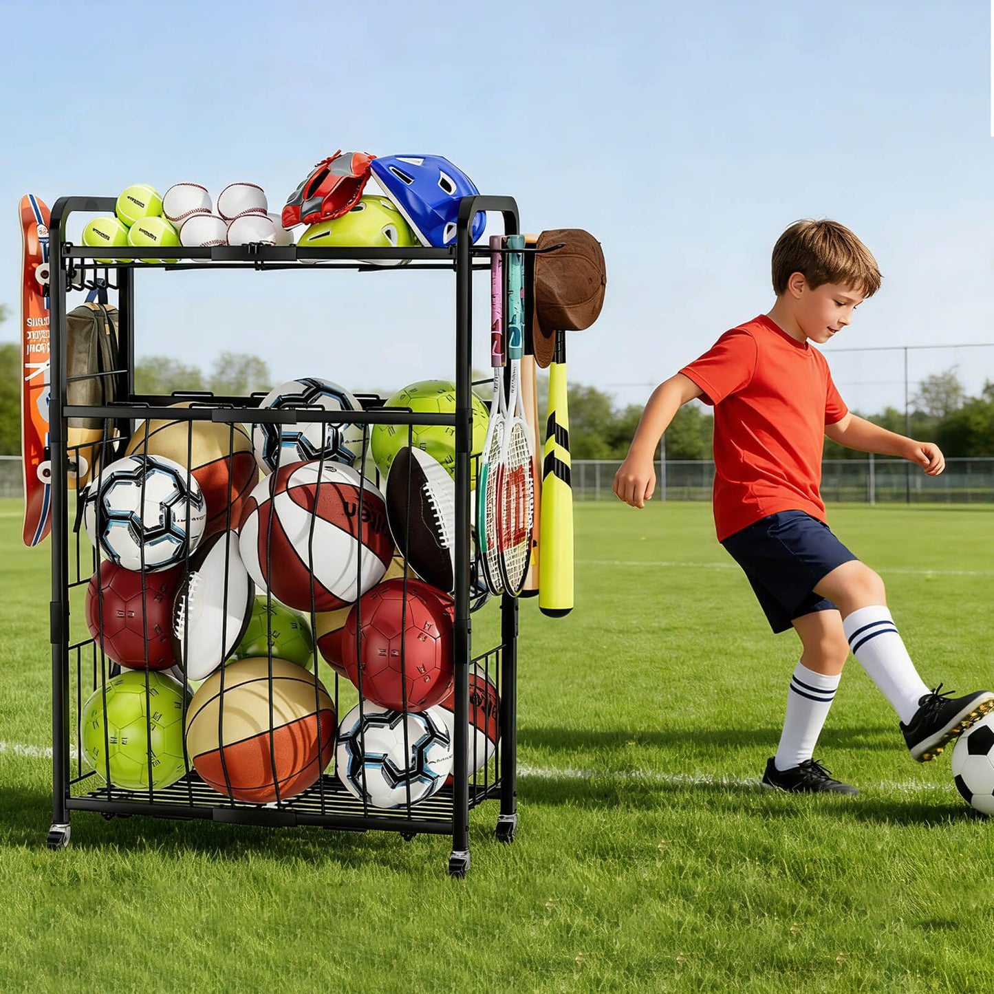 YIWANFW Garage Ball Storage Rack - Sports Equipment Organizer with Wheels, Rolling Sports Ball Cart with Elastic Rope, Outdoor Ball Holder for Basketball Soccer Volleyball Football, Garage Toy Storage