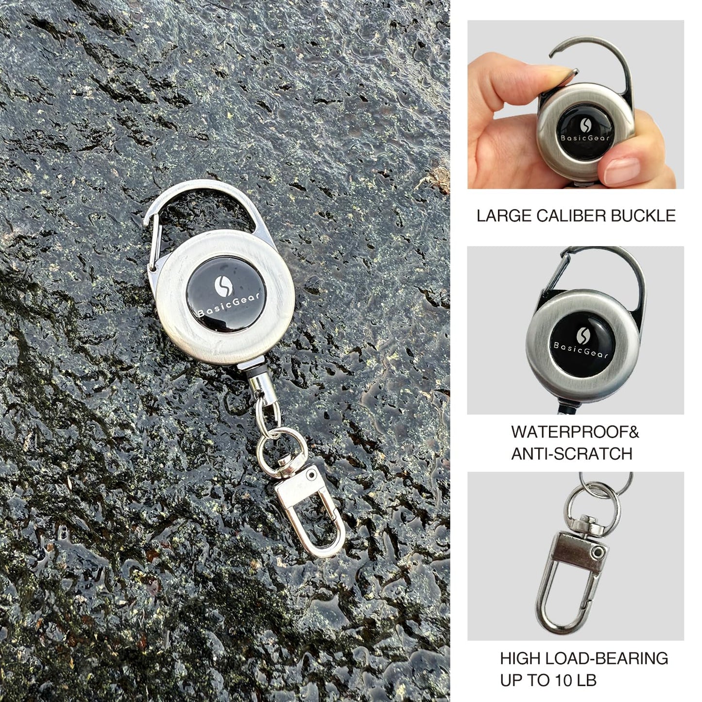 BasicGear Zinger Retractable Keychain 2 Pack – Brushed Metal with 24" Cord, Heavy Duty Badge Reel for Fishing & Outdoors