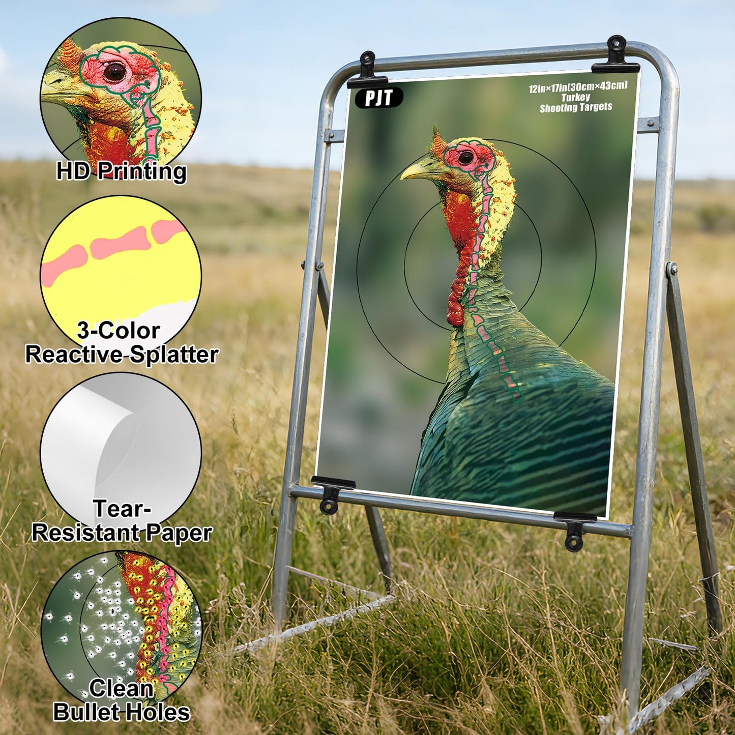 PJT 12 Pack Turkey Targets for Shotgun Patterning, 12"x17" Fluorescent Splatter Turkey Target with Head & Neck Kill Zone for 30–50 Yard Pattern Testing