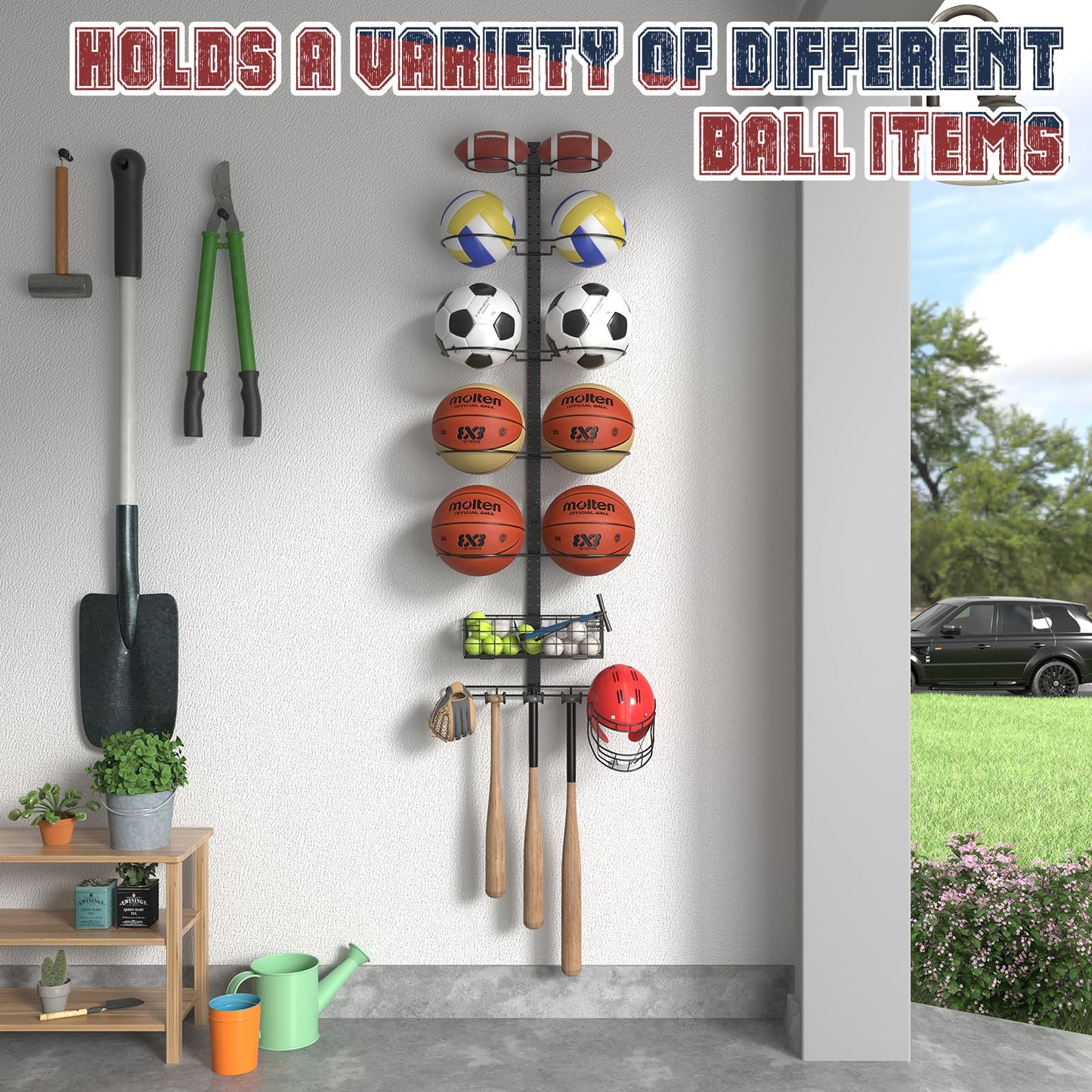 Feyejade 7 Tier Ball Holder Wall Mount:Detachable Wall Mounted Basketball Rack,10 Balls Vertical/Horizontal DIY with Hooks for Basketball Soccer Ball Volleyball Baseball Storage Display