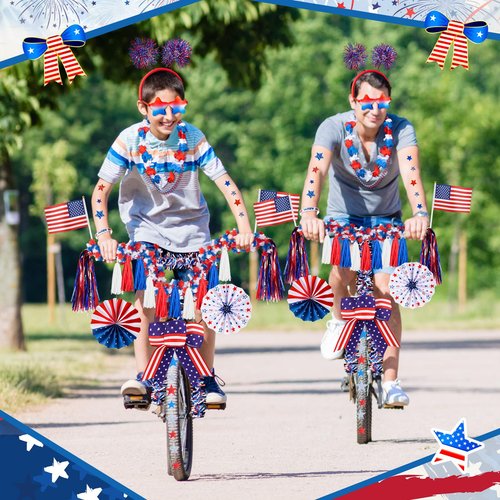 Simgoing 33 Pcs 4th of July Parade Bike Decoration Kit Patriotic Tinsel Garland Streamer Red White Blue Headband Necklace Bracelet American Flag Bow for Memorial Independence Day Bike Party Favors