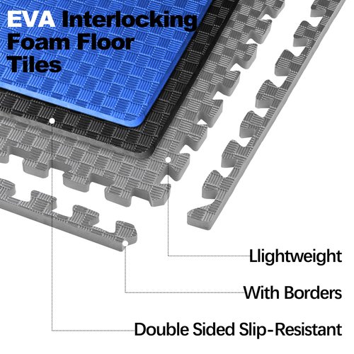 Elevon Puzzle Exercise Gym Flooring Mat, 1" Thick EVA Interlocking Foam Tiles Workout Mat for Home Gym, Fitness Equipment, MMA, Gymnastics, 6 Tiles Shock-Absorbing Exercise Mat, Black (24 Sq Ft)