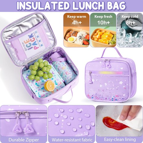 Fimibuke Backpack for Girls, 3 PCS Waterproof Kids Backpack with Lunch Box & Pencil Case Set, Cute Travel Bookbag School Bag for Kindergarten Elementary Middle High School Student Toddler Kids Teens