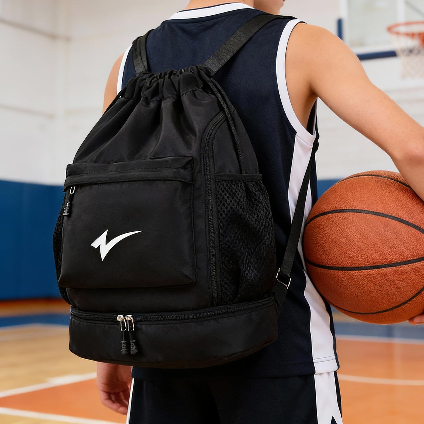 U·helper Sport Drawstring Backpack, Gym Bag with Mesh Side Pockets and Separate Shoe Compartment, Water-Resistant (Army-Green)