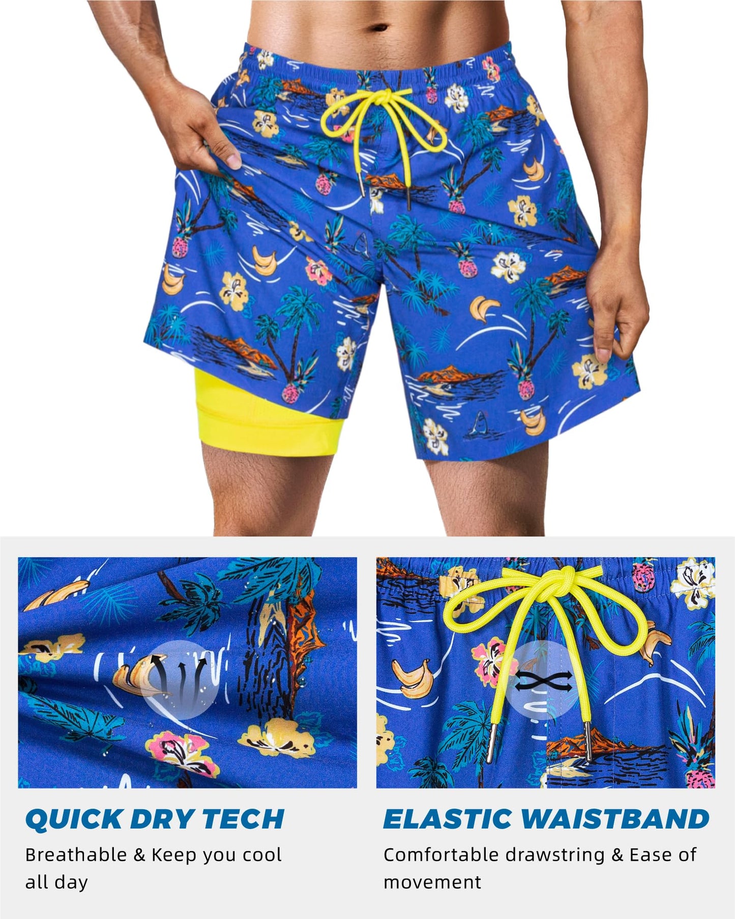 SURF CUZ Mens Swim Trunks with Compression Liner Quick Dry Swim Shorts 7" Swimming Trunks Stretch Zipper Pockets,Summer Hawaii,XXL