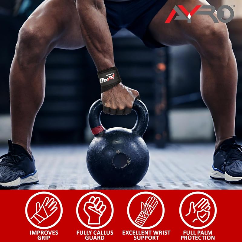 AYRO Workout Gloves for Men & Women - Weight Lifting Gloves with 15" Wrist Wraps, Non-Slip Palm, Breathable Mesh (Black, Small)