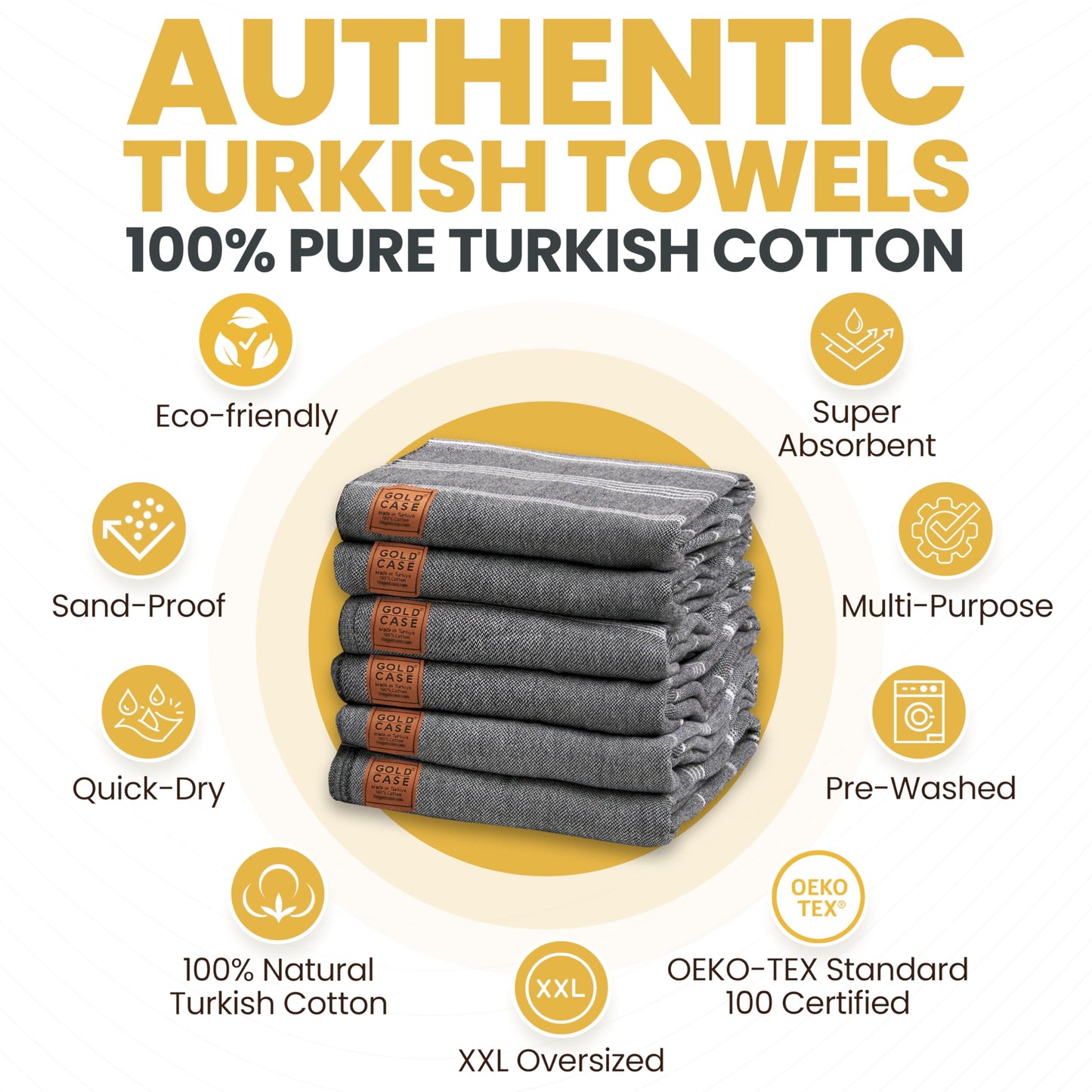 Gold CASE LYCIA Turkish Beach Towel Set of 6 – 100% Cotton Turkish Beach Towels Bulk 70 x 38'' – LYCIA Oversized, Quick Dry & Sand Free Beach Towel – Lightweight Towels Set in Black