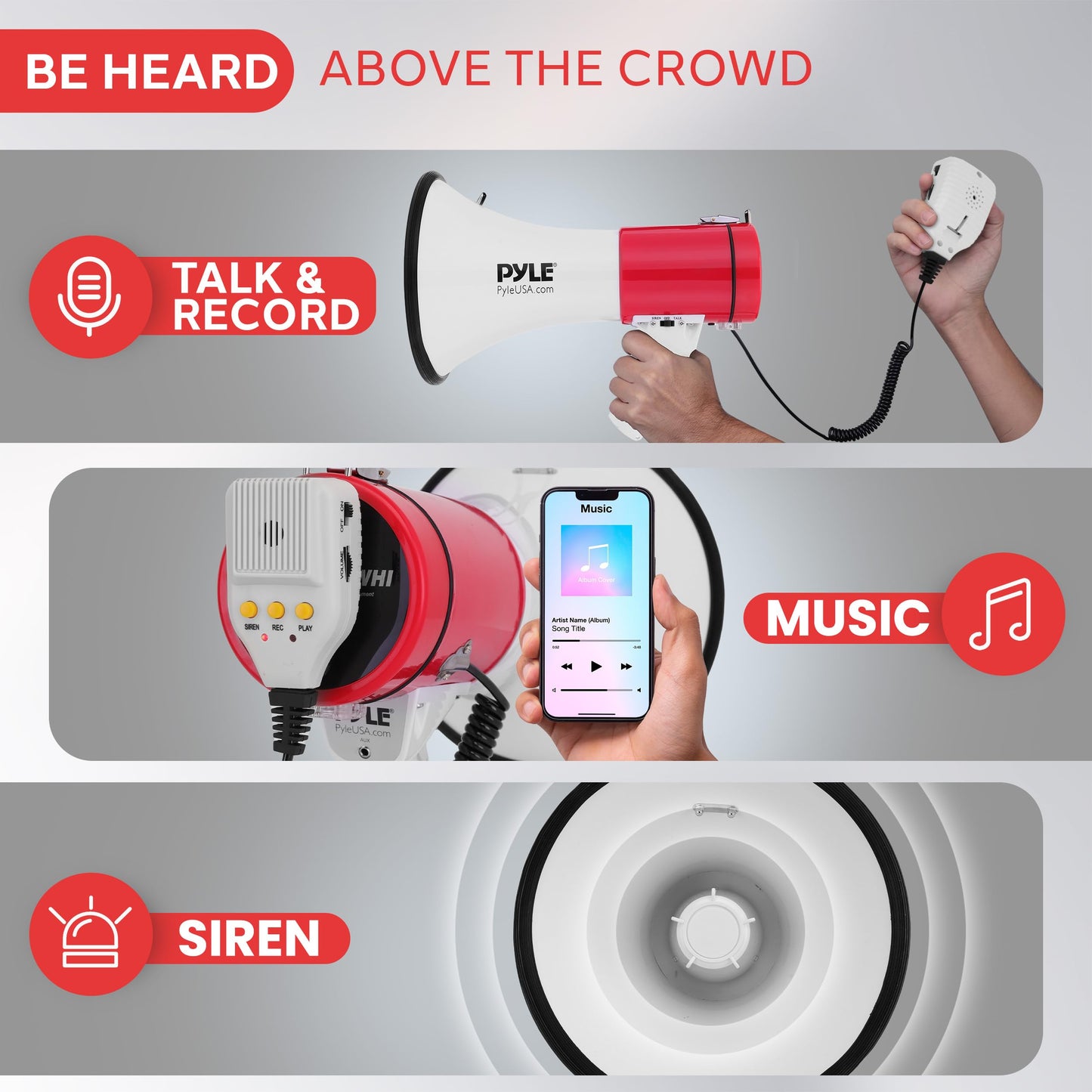 Pyle 50W Megaphone Bullhorn - Portable, Automatic Siren & Adjustable Volume,Projection Range Up to 1200 Square Yards, Aux Input, Talk, Siren, Music, Whistle, & Record, Shoulder Strap (White-Red)