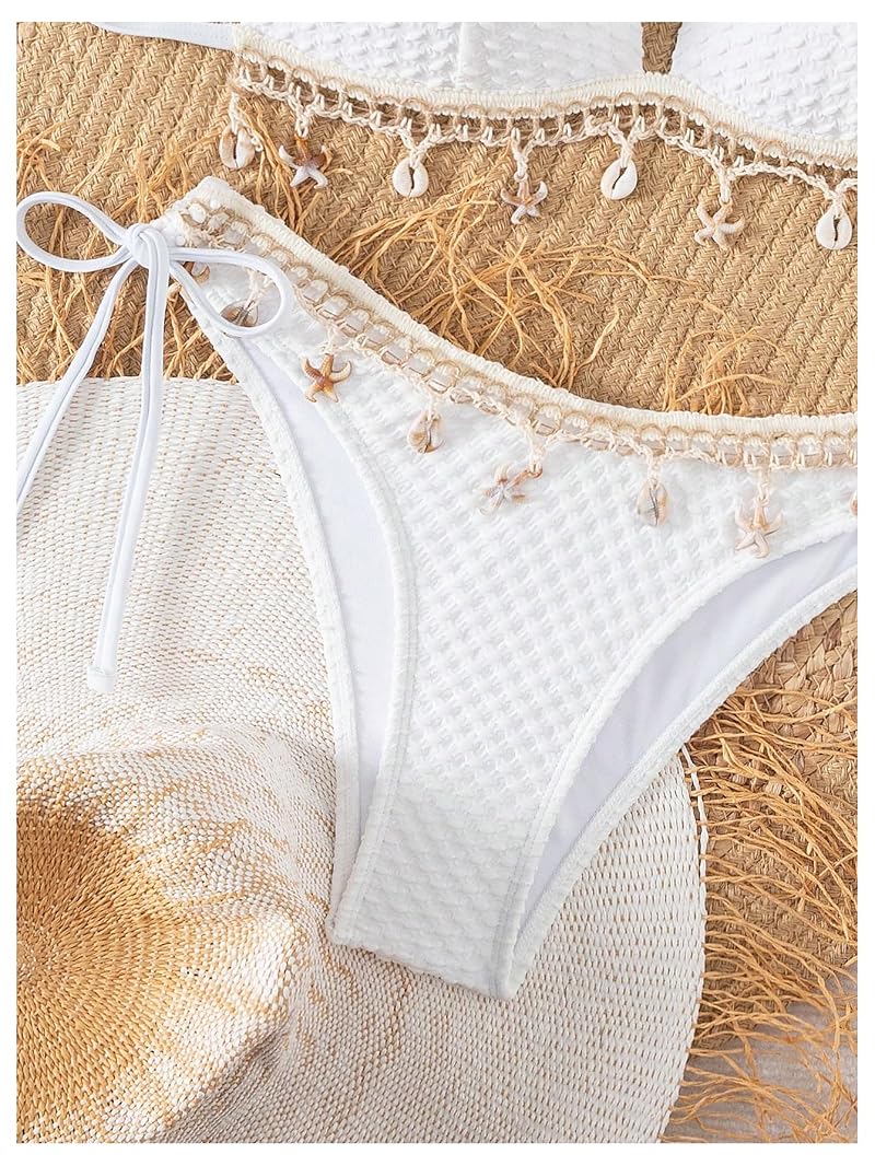 Push Up Seashell Bikini Set for Women - Textured Triangle Top & Low Waist Bottom, White, Small