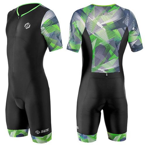 SLS3 Triathlon Suits Mens - Aerodynamic Sleeved Tri Suit Men – Lightweight Trisuit with Premium FX Fabrics - 2 Pockets (Black/Green Geo, Medium)