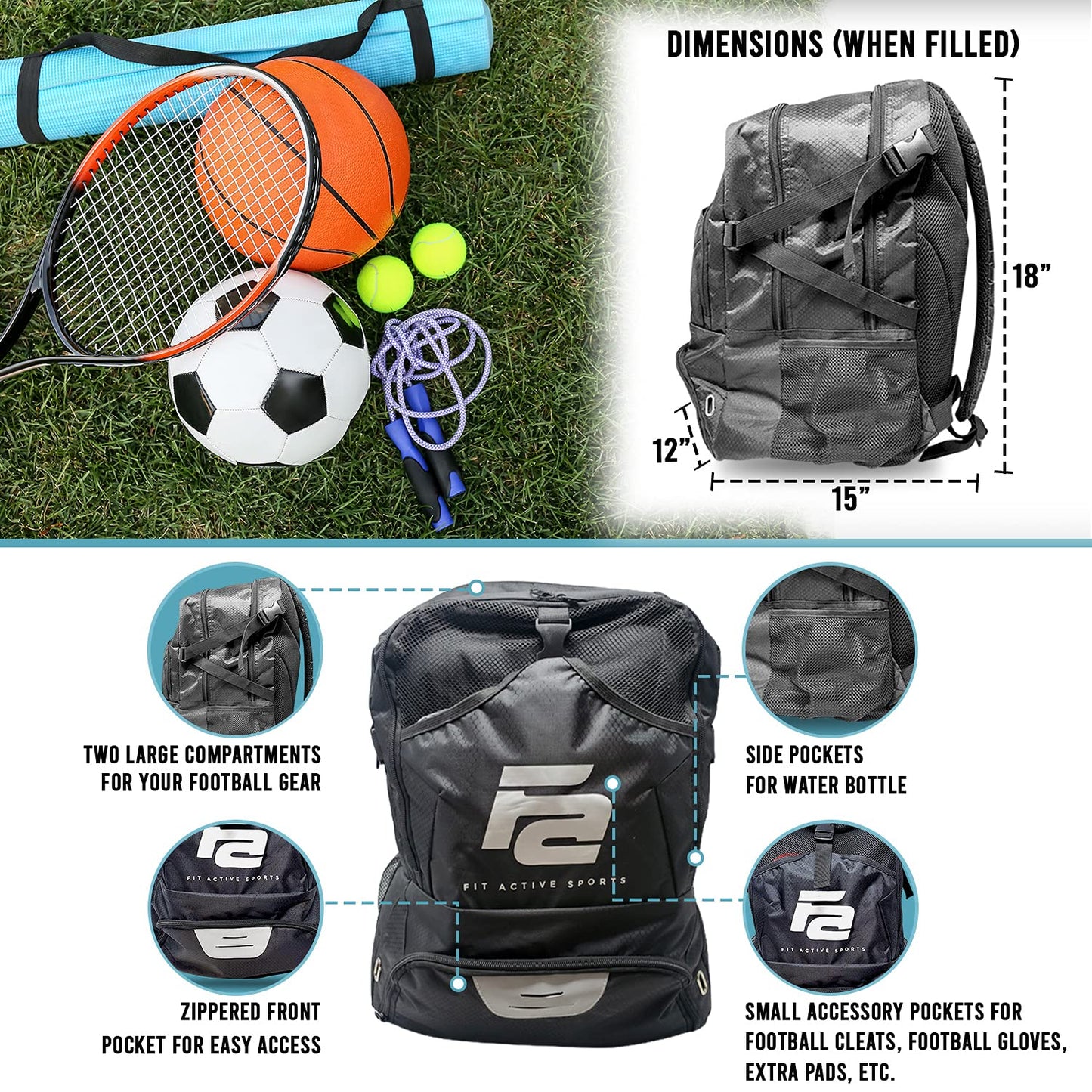 Fit Active Sports Backpack For Football, Basketball, Soccer, & Volleyball - Multifunctional Sports Equipment Bag