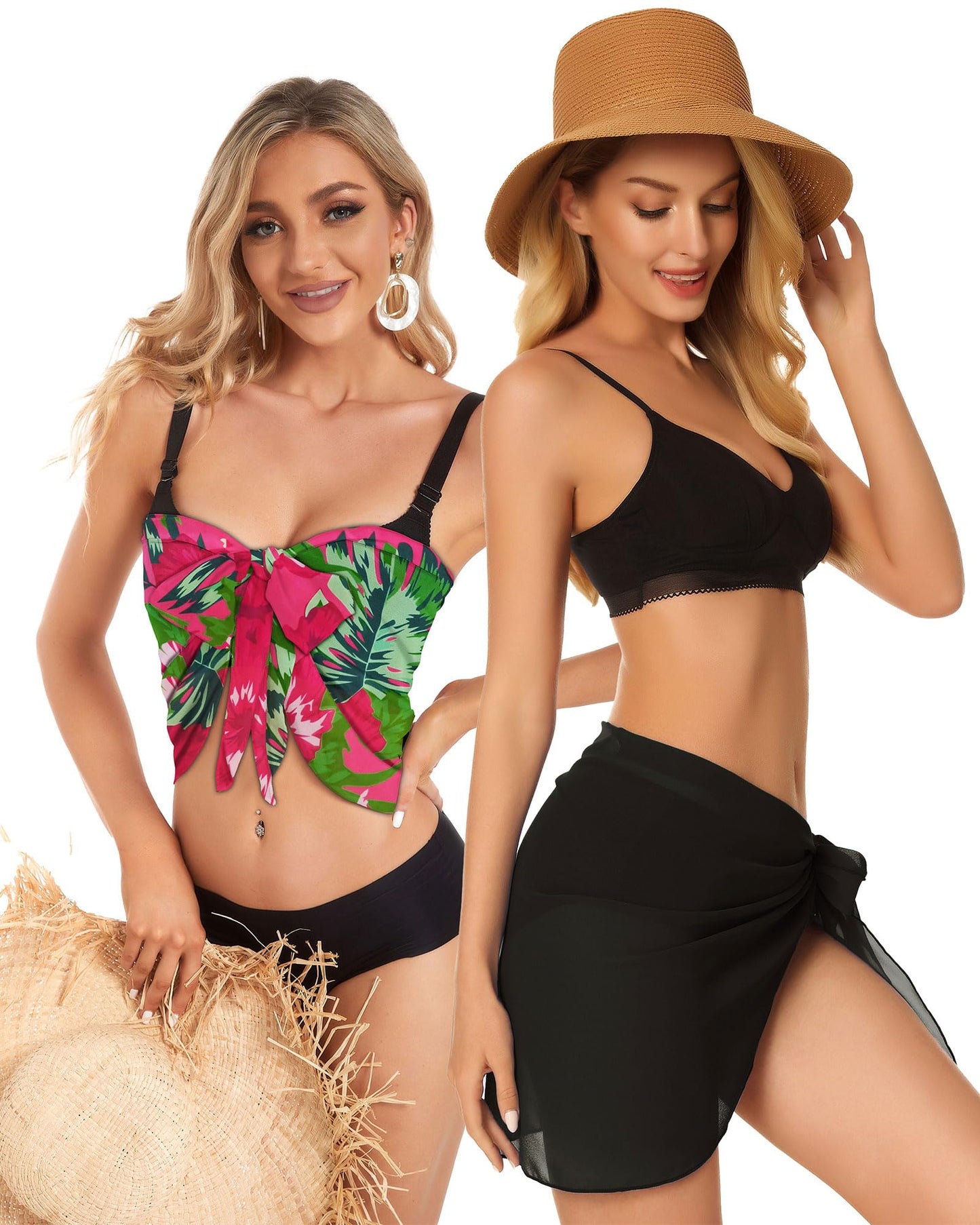 2 Pieces Sarong Cover Ups for Women Beach Bathing Suit Wrap Sheer Short Skirt Bikini Chiffon Scarf for Swimwear (Black, Rose Red Leaves)
