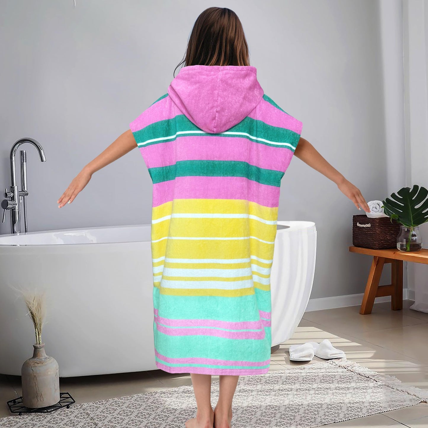 Hooded Towel Robe for Girl Teens (8-14 Years,36"X26") | Premium 100% Cotton Oversized Poncho Towel for Big Kids | Super Absorbent Hooded Towel Dress for Pool, Beach, Bath & Swim | Striped Design