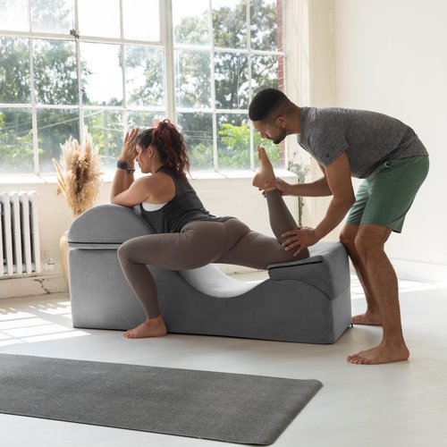 Avana Kami Convertible Chaise/Bed Bench for Yoga & Massage - 2-in-1 End of Bed Ottoman with Concealed Fold Out Yoga Lounge Chair, 22" Wide Microvelvet Grey