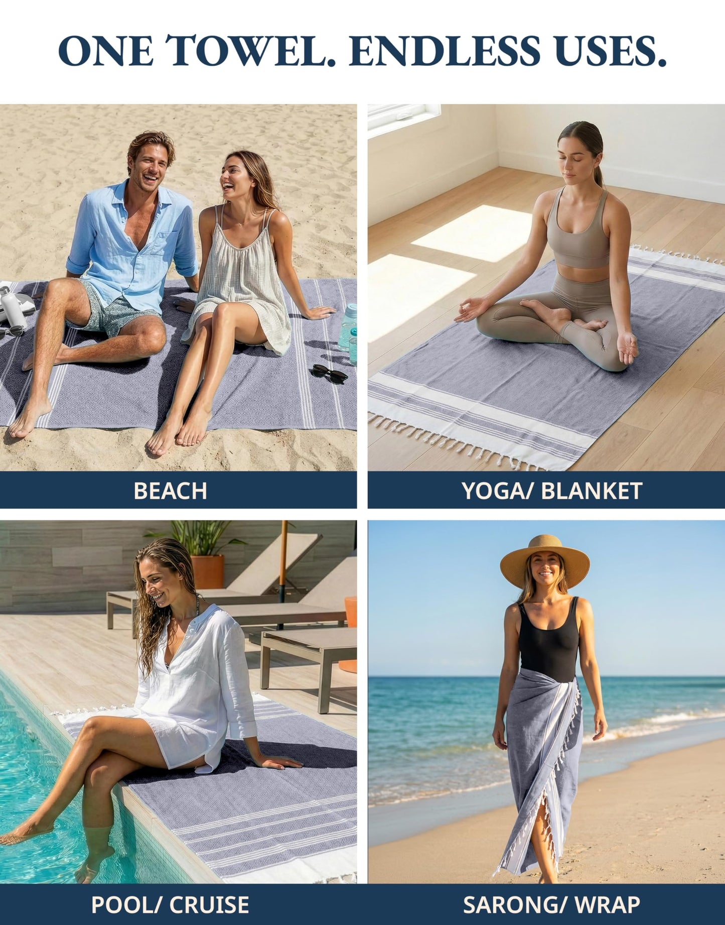 LANE LINEN Turkish Beach Towels, Extra Large Beach Towel, Pre-Washed for Soft Feel, Oversized Sand Free Quick-Dry Pool Towel, Beach Towels for Adults, 39"x71" - Navy Blazer