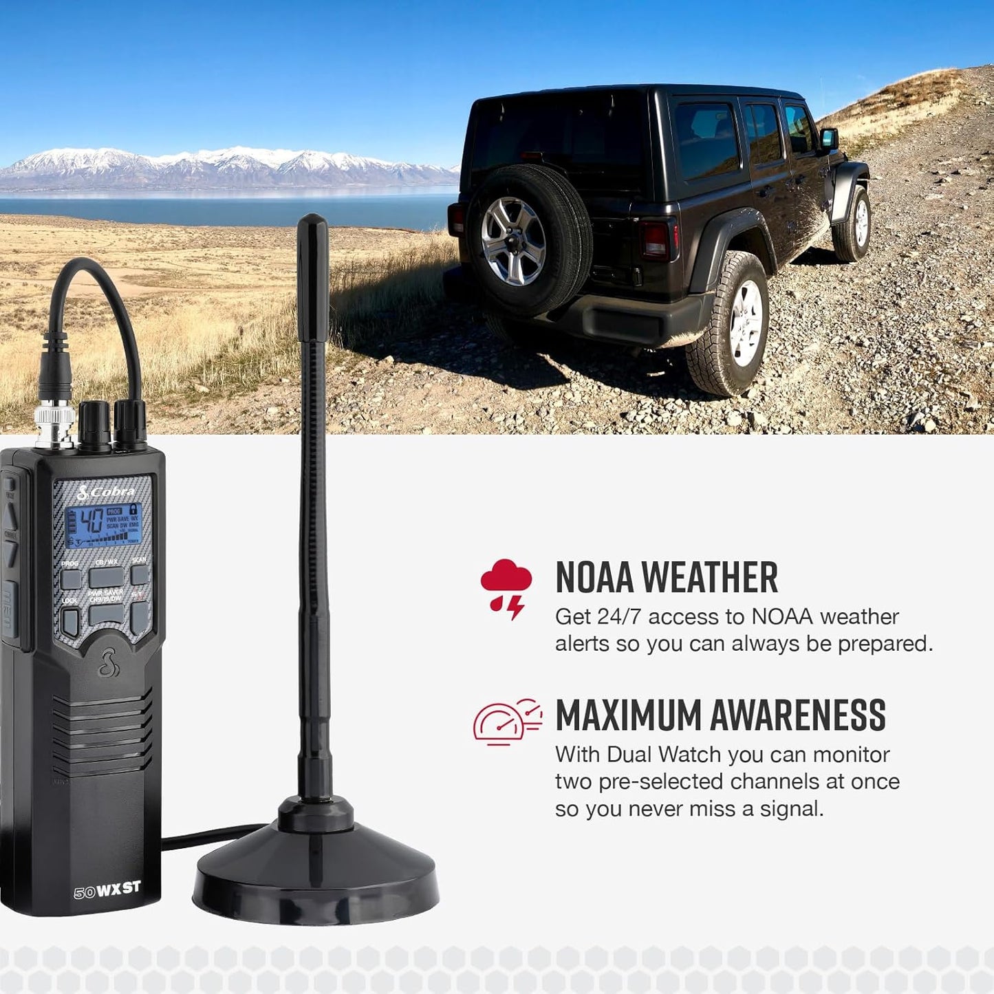 Cobra HHRT50 Road Trip CB Radio - 2-Way Handheld Emergency Radio with Access to Full 40 Channels & NOAA Alerts, Rooftop Magnet Mount Antenna and Omni-Directional Microphone, Black, 6.3" x 2" x 1.75"