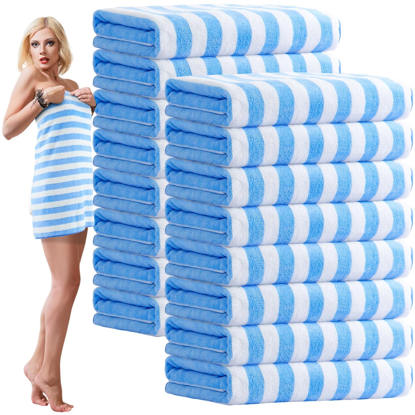 SmoothNovelty 16 Pack Microfiber Bath Towels Bulk 27'' x 60'' Oversized Size Bath Towel Highly Absorbent Extra Large Soft Drying for Beach Shower Summer Salon Sport Gym Party (Stripes,Light Blue)