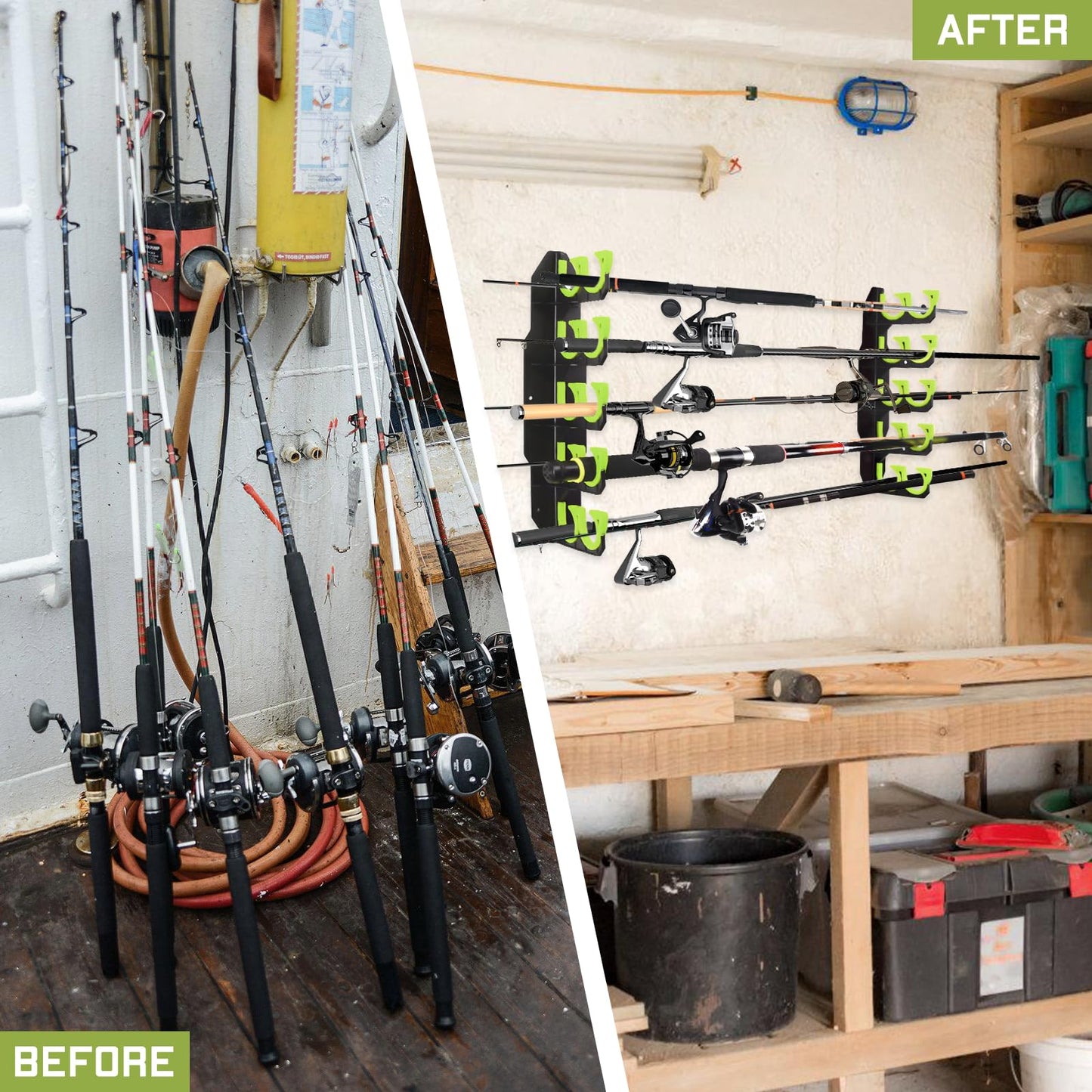 Hikeen Fishing Rod Holders, Fishing Pole Holders for Garage, Wall or Ceiling Mounted Fishing Rod Rack Holds Up to 10 Rods（1 Pack）