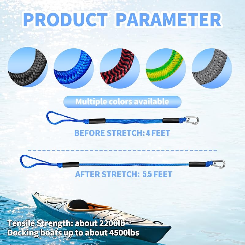 Bungee Dock Line with 316 Stainless Steel Hook, Foam Float — 4ft to 5.5ft, 2 Pack, Blue