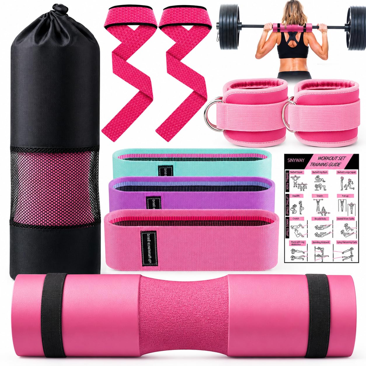 Barbell Pad Set, 10 Pcs Barbell Squat Pad for Hip Thrusts, Lunges, Leg Day with 2 Gym Ankle Straps, 3 Hip Resistance Bands, 2 Lifting Strap, Barbell Pad and Carry Bag