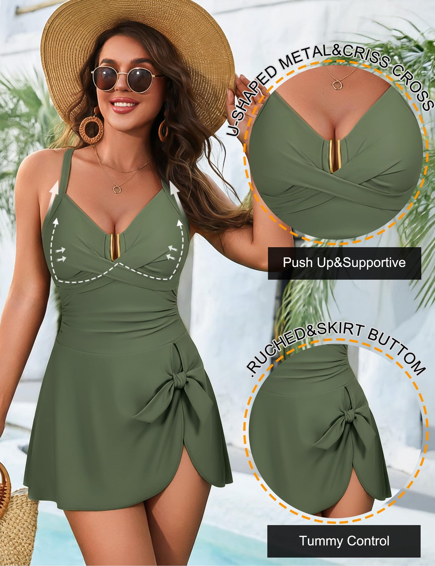 Blooming Jelly Womens Tummy Control One Piece Swimsuits Criss Cross Push Up Bathing Suits U-Wire Ruched Swim Dress 2026 (L,Army Green)