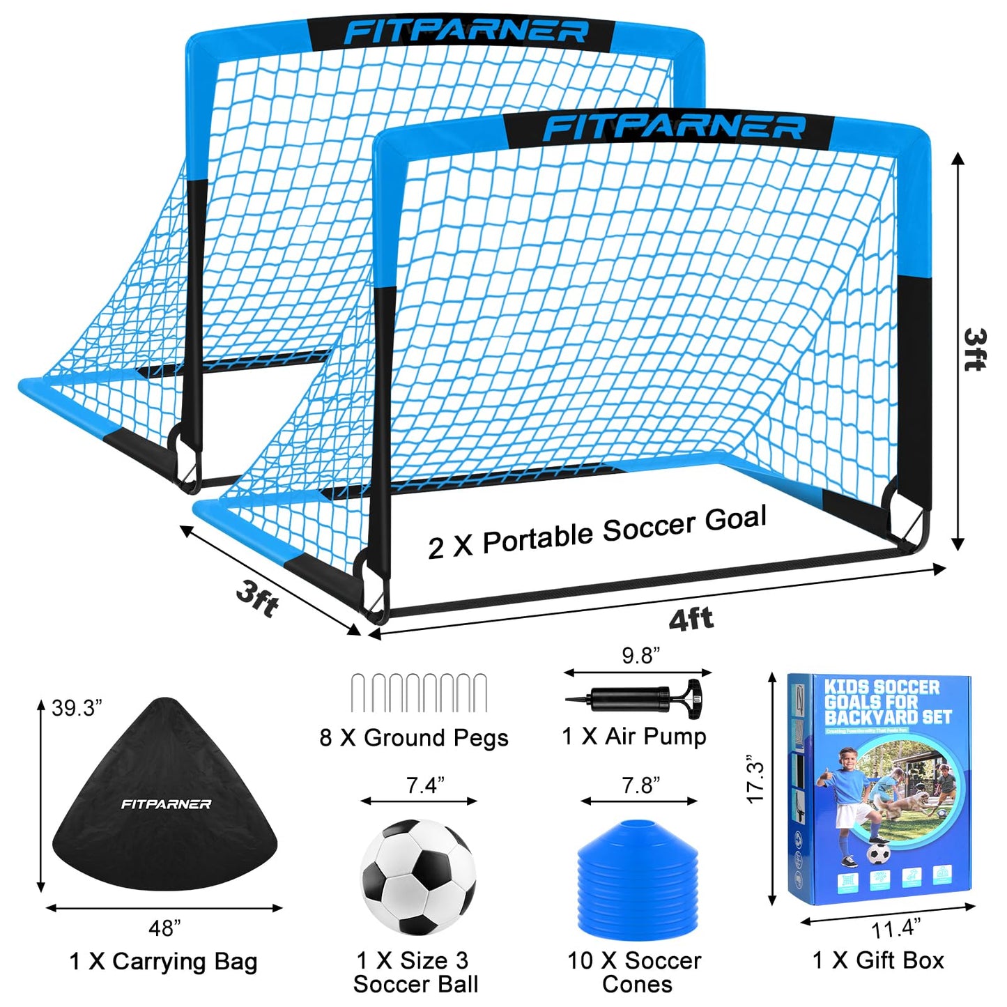 Kids Soccer Goals for Backyard Set - 2 Set of 4X3 ft Soccer Nets for Kids Age 3-14,Portable Pop Up Soccer Training Equipment Kit with Soccer Ball,Cones for Toddler Youth Outdoor