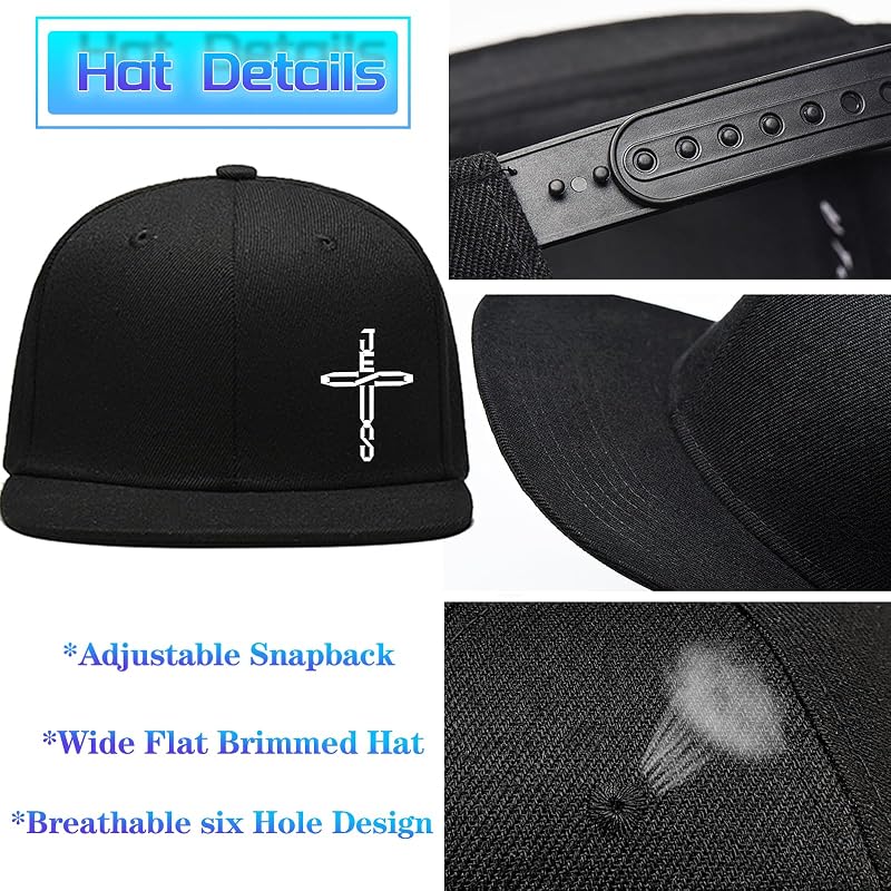 Cross Pattern Flat Bill Hat for Men - Adjustable Black Snapback Cap
