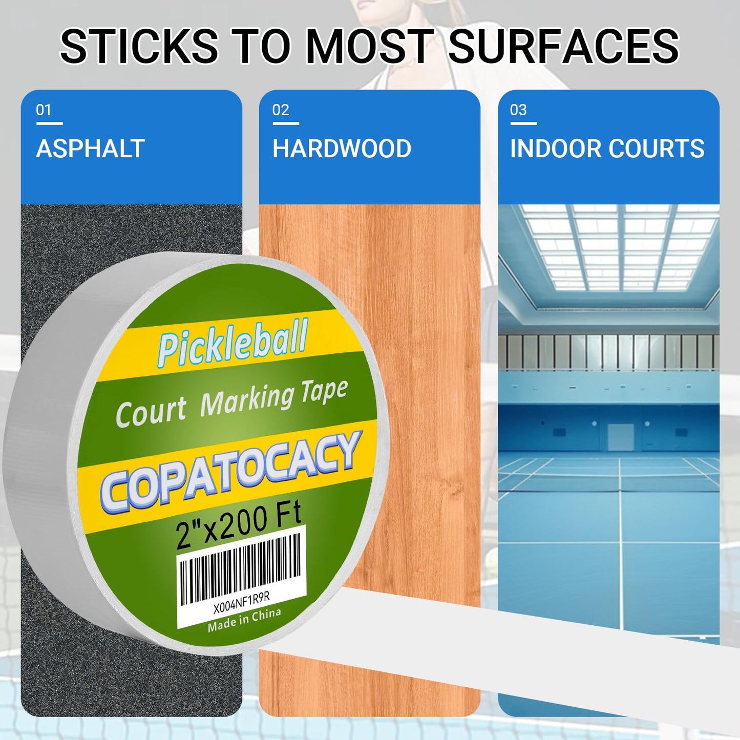 Pickleball Court Tape 2” x 200ft – Heavy Duty Temporary Court Marking Tape for Outdoor & Indoor Courts, Removable Pickleball Lines for Driveway, Gym Floor, Concrete, Basketball, Tennis & Badminton
