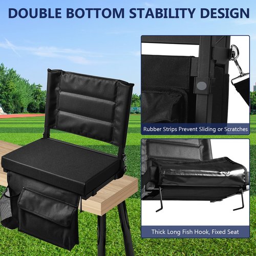 Stadium Seats with Back Support - Portable Foldable Stadium Seats, Adjustable Shoulder Straps, Cup Holder and Large Pocket Storage Stadium Upholstered Chair for Bleachers, Sporting Events, Black