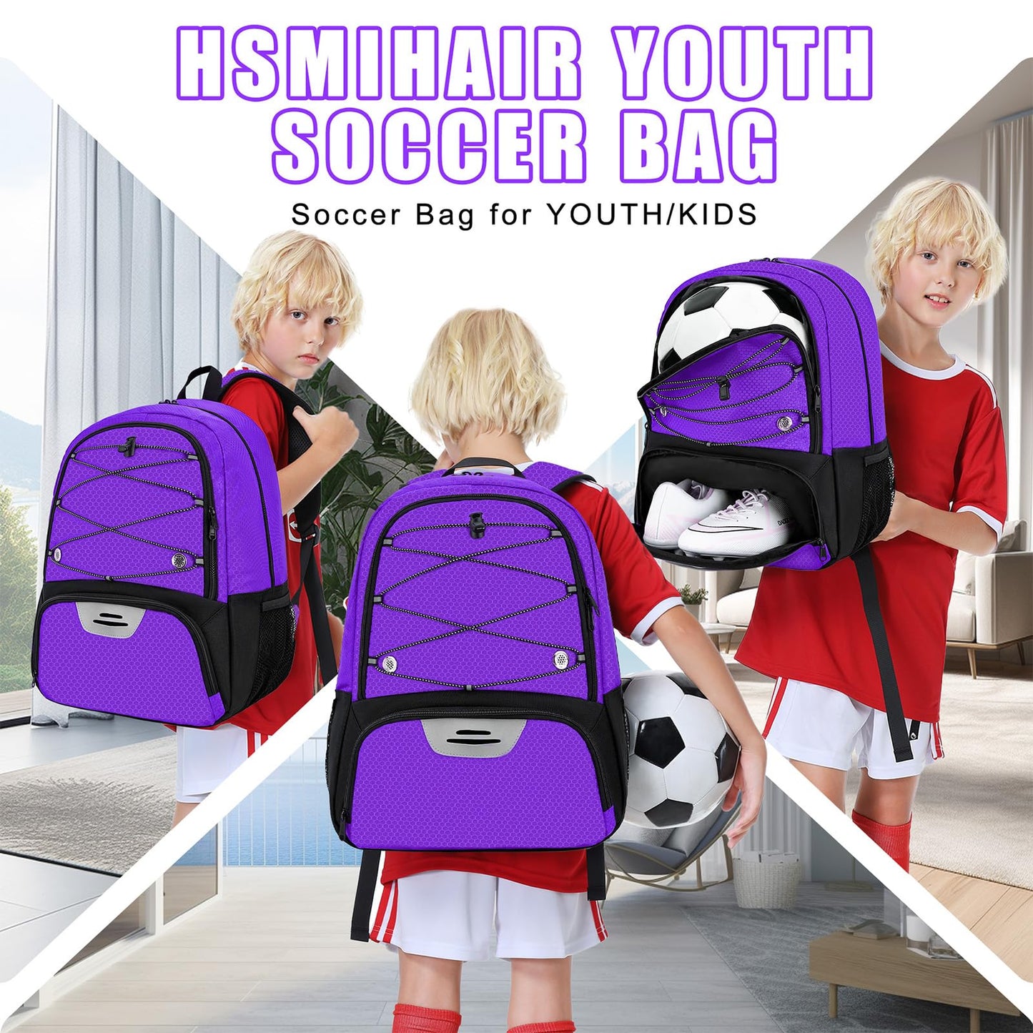 Hsmihair Youth Soccer Bag-Soccer Backpack & & Backpack for Football Volleyball Basketball,with Ball Compartment and Separate Cleat Training Package (Purple)