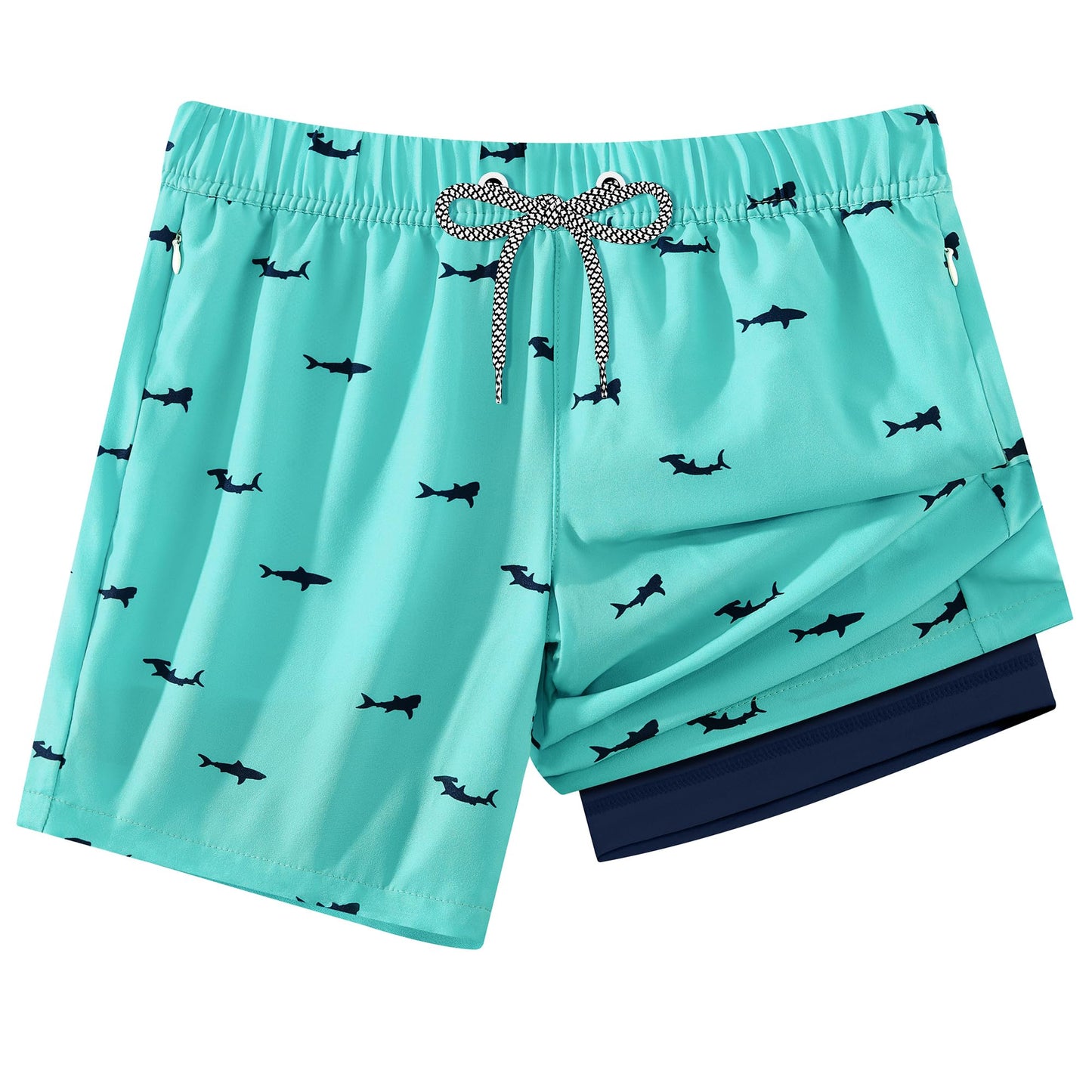 APTRO 2 in 1 Boy's Swim Trunks Quick Dry Kids Bathing Suits with Zipper Pockets Board Shorts G02-Green Fish 10-12