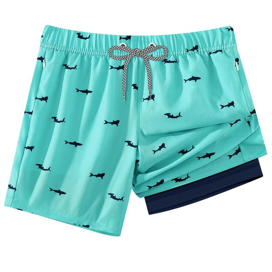 APTRO 2 in 1 Boy's Swim Trunks Quick Dry Kids Bathing Suits with Zipper Pockets Board Shorts G02-Green Fish 10-12