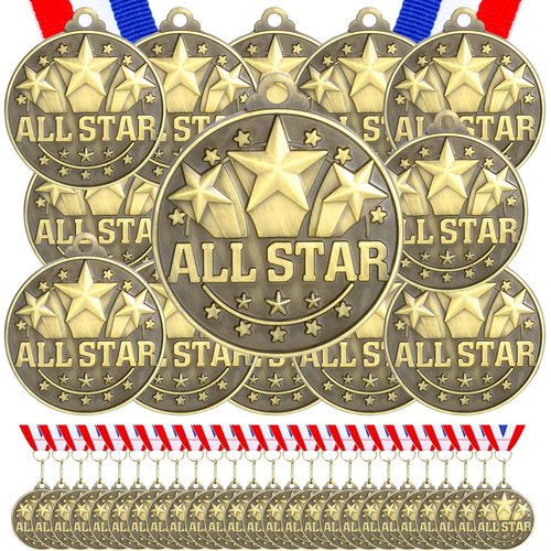 Quelay 60 Pcs Gold Award Medals with Neck Ribbons 2 Inch Winner Medals Awards Bulk Metal Trophy Award Prize Gift for Adult Competitions Education Tournaments Event(All Star)